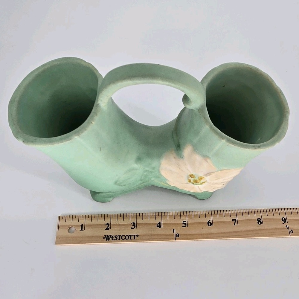 Vintage Weller Wild Rose Double Vase Matte Green Pink Floral Art Pottery 1930s - Picture 6 of 10